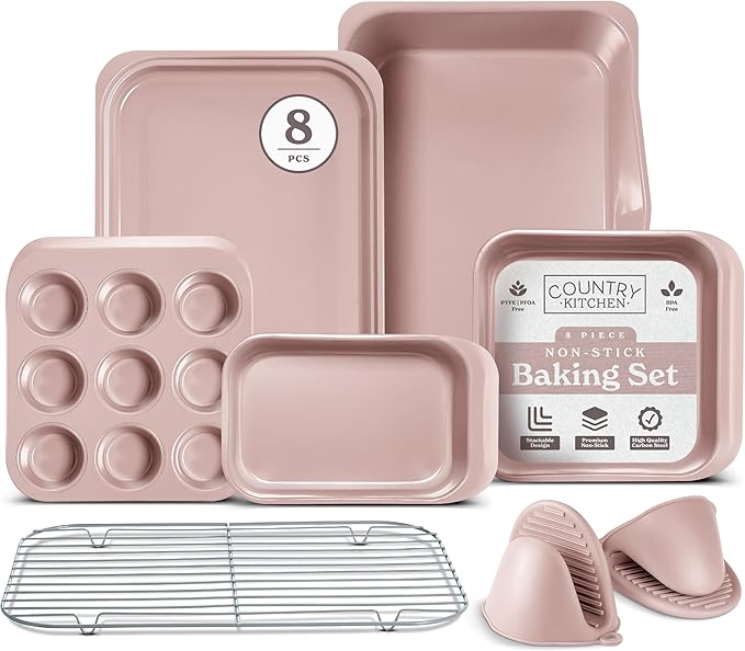 Country Kitchen Nonstick Stackable Bakeware Set - Deluxe Heavy Duty, Durable, Easy Release Baking Set, 8 Pcs, Pink