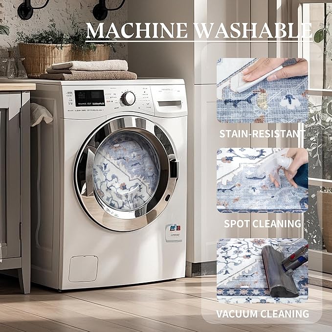 Area Rug for Living Room - Vintage Indoor Machine Washable Rug for Bedroom Dinning Room Floor - Soft Low-Pile Carpet Non-Slip Backing Floral Rugs for Office (Blue/White, 5' × 7')