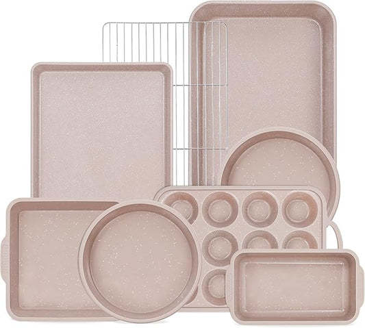 8 Pcs Baking Pans Set, Silicone Bakeware Sets with Metal Reinforced Frame, Nonstick Stackable Carbon Steel Non Toxic Baking Sets for Cooking (Brown)