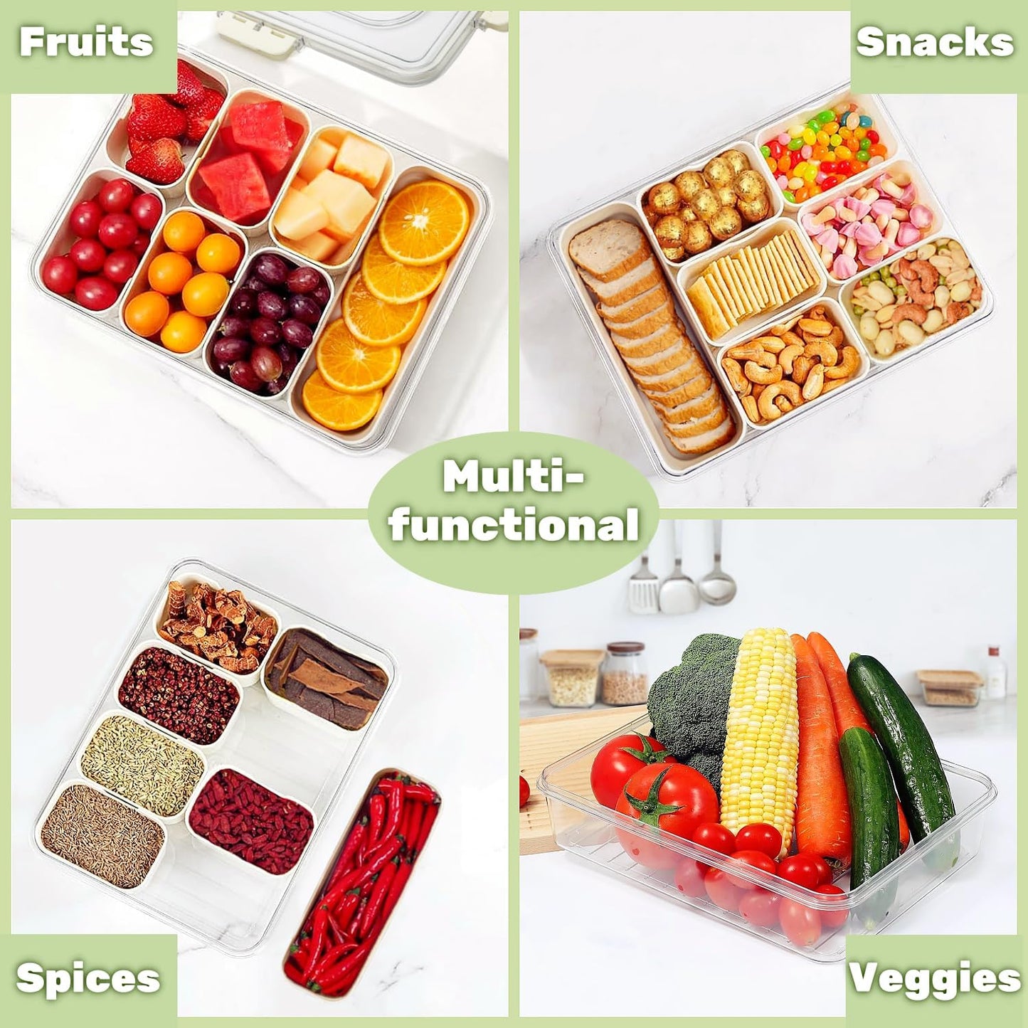 Divided Serving Tray with Lid and Handle, Snackle Box Container Portable Snack Platters with 7 Compartments & Forks, Ice Chilled Organizer for Fruits, Veggies, Salad, Perfect for Entertaining,Picnic