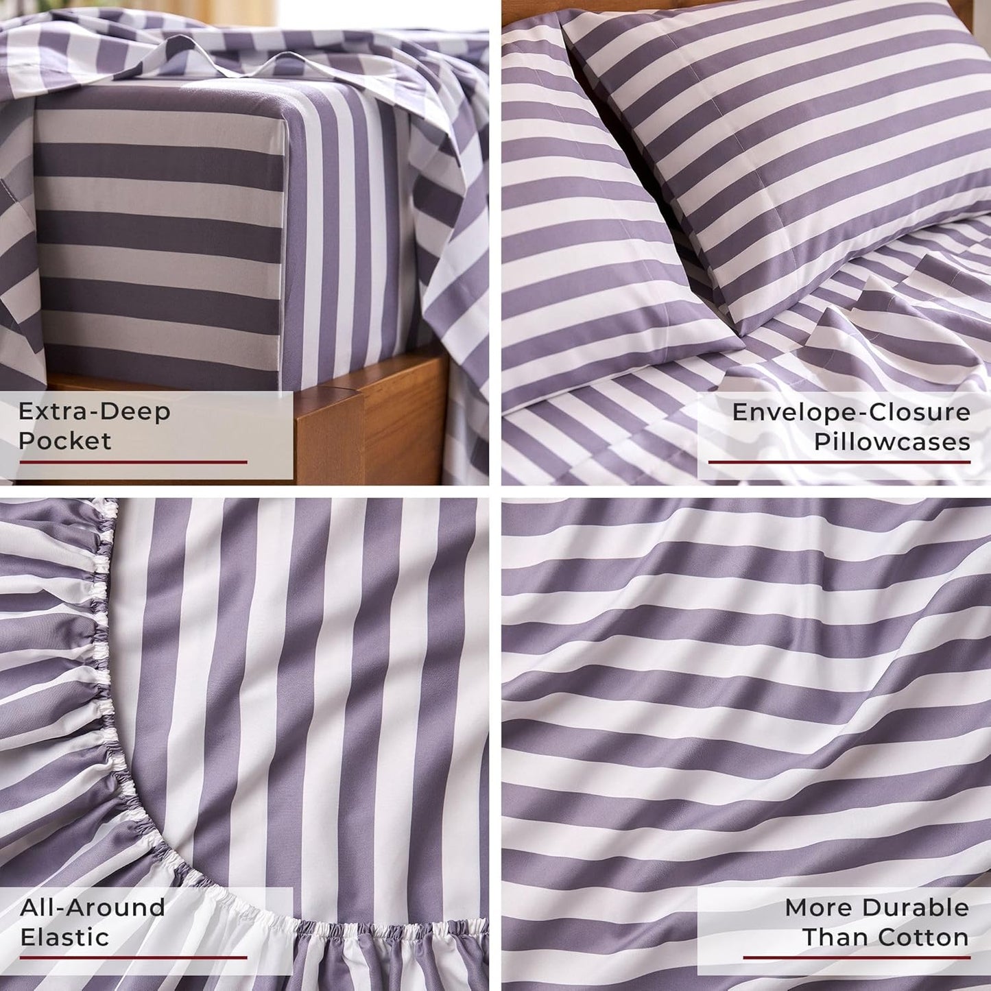 Mellanni Split King Sheets Set - 5 PC Iconic Collection Bedding - Hotel Luxury, Soft, Cooling Bed Sheets - Wrinkle, Fade, Stain Resistant (Split King, Oxford Stripe Hazy Lilac)