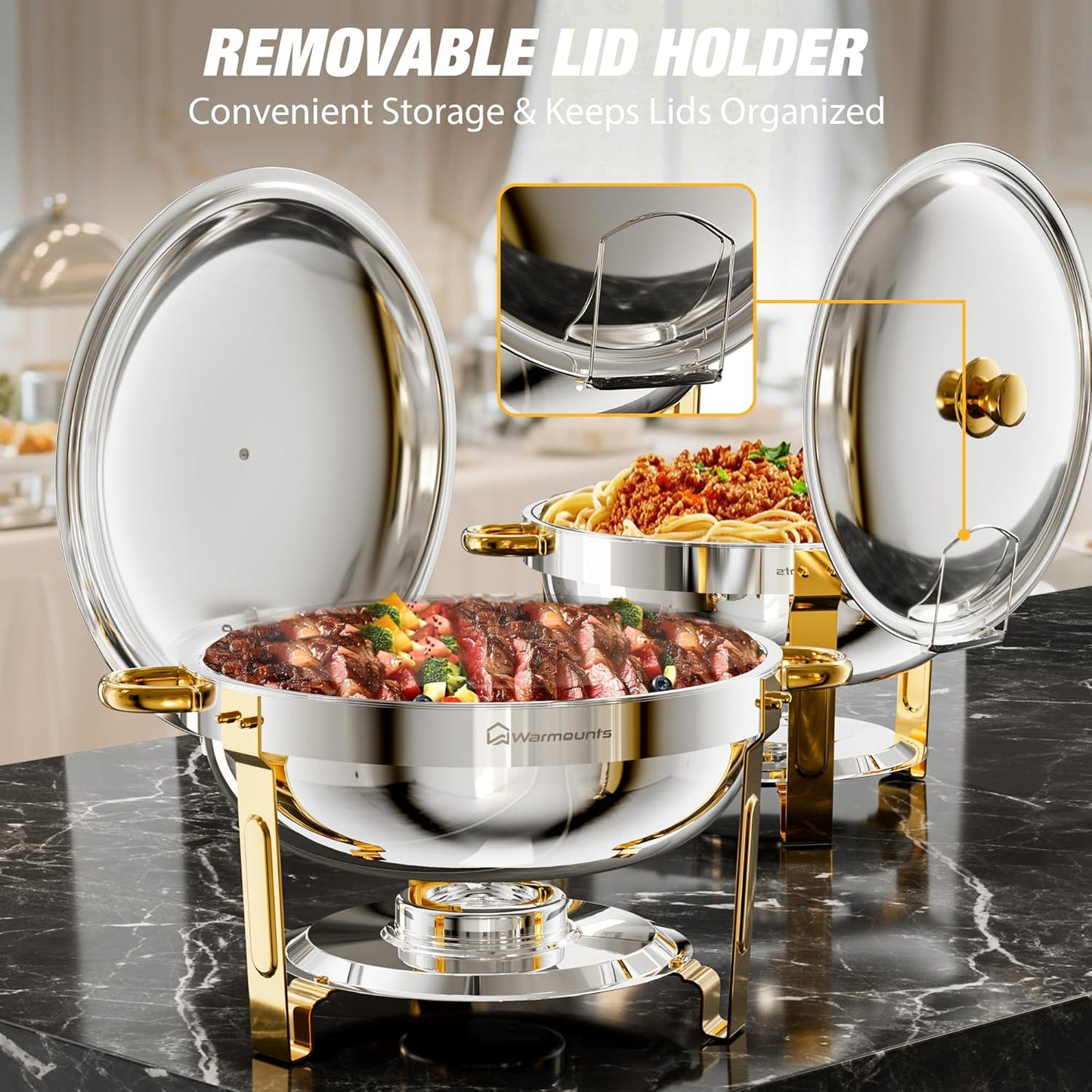 Gold Chafing Dishes for Buffet (5QT, 6 Pack), Round Chafers and Buffet Warmers Sets, Food Grade Stainless Steel Chafing Dish Set, Rolled Edge Design, for Catering Events, Parties, Weddings