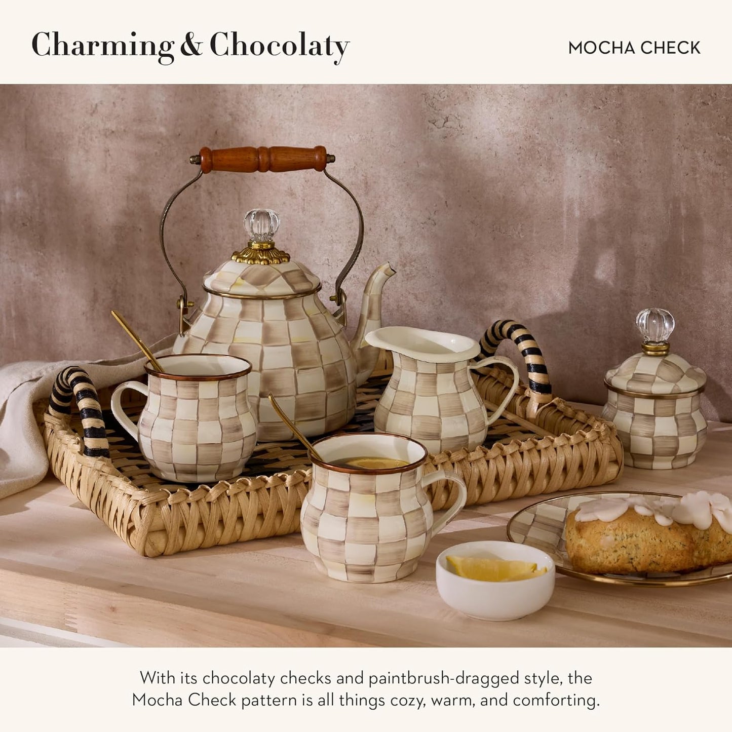 MACKENZIE-CHILDS Enamel Ice Cream Bowl, Serving Bowls for Entertaining, 2-Cup Capacity, Brown-and-White Mocha Check