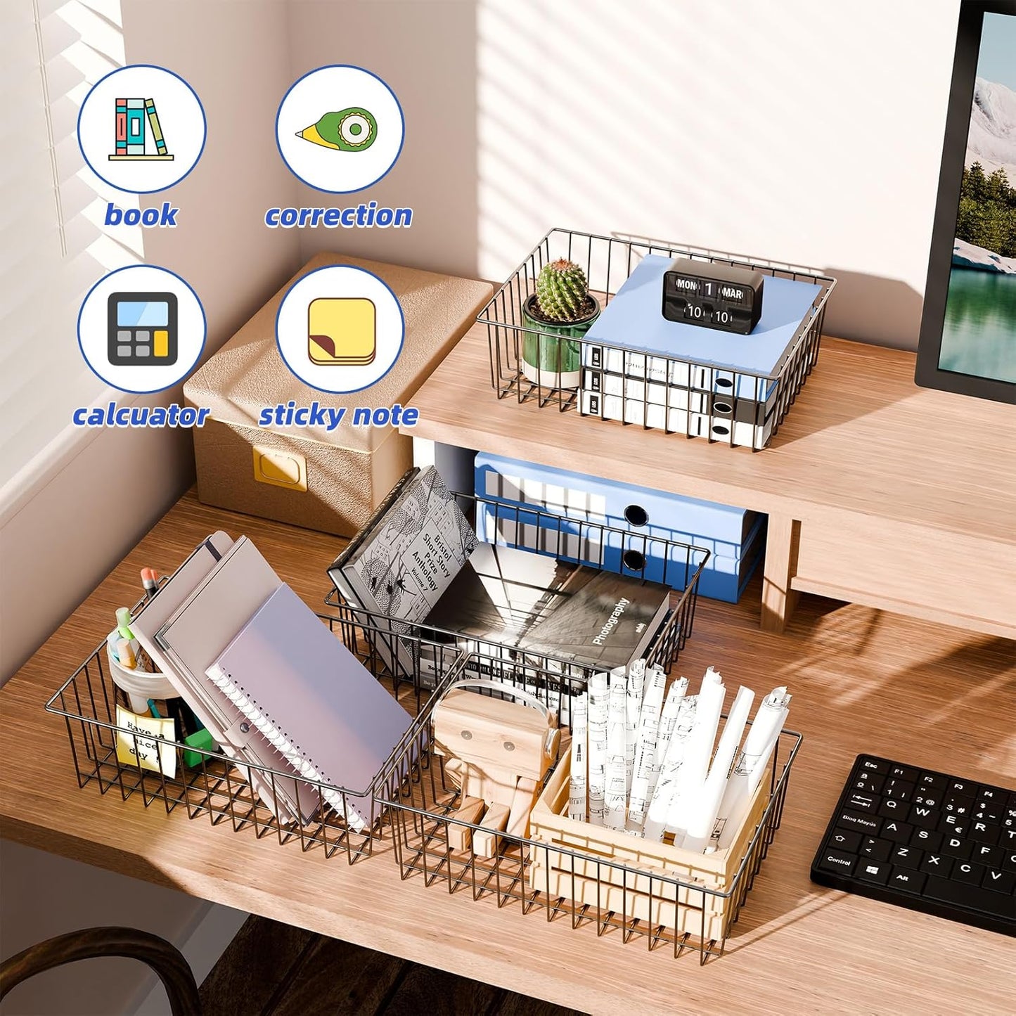 Simple Trending 8 Pack Large Wire Baskets for Organization, Metal Pantry Storage Baskets for Cabinet, Kitchen, Garage, Bathroom, Black