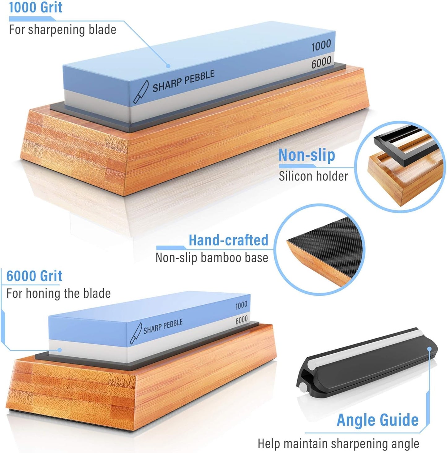 Sharp Pebble Knife Sharpening Stones Kit with 400/1000 and 1000/6000 Grit with Flattening Stone & Angle Guide