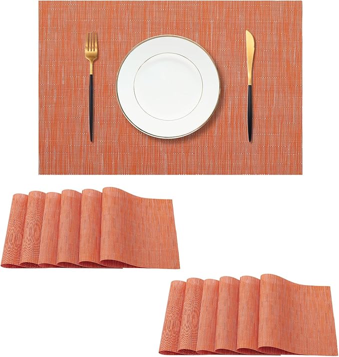 Leetaltree Orange Placemats Set of 12 - Heat Resistant Non-Slip Place mats for Dining Table, Washable Durable PVC Vinyl Woven Table Mats（Orange, 12）