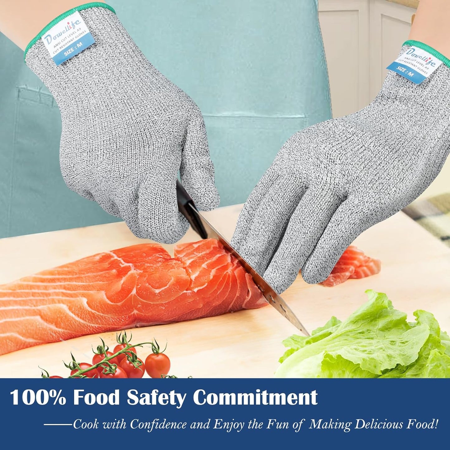 Dowellife Soft Level 9 Cut Resistant Gloves Food Grade, Steel Wire Mixed Kitchen Safety Gloves for Chef Oyster Shucking Mandoline Knife Butcher Meat Cutting Carving (Small)