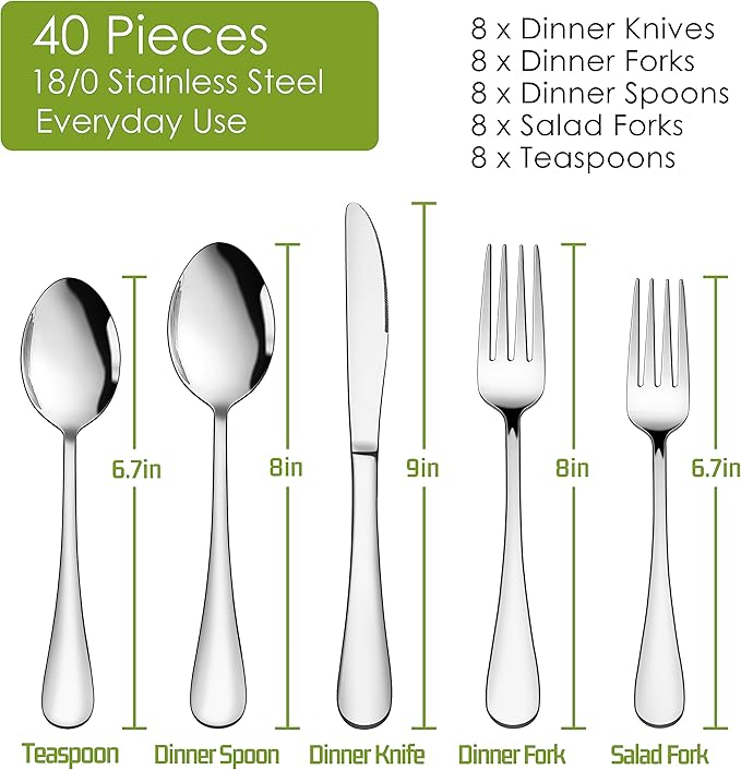 HaWare 40-Piece Silverware Set Service for 8, Stainless Steel Flatware Cutlery Set, Food-Grade Tableware Eating Utensil Set for Home Kitchen, Include Fork Knife Spoon, Mirror Polished, Dishwasher Safe