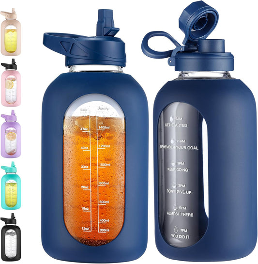 CIVAGO 64 oz Glass Water Bottle Jug with Straw and Handle, Half Gallon Sports Motivational Bottle with Time Marker and 2 Lids, Large Flask Canteen with Silicone Sleeve for Gym, Navy
