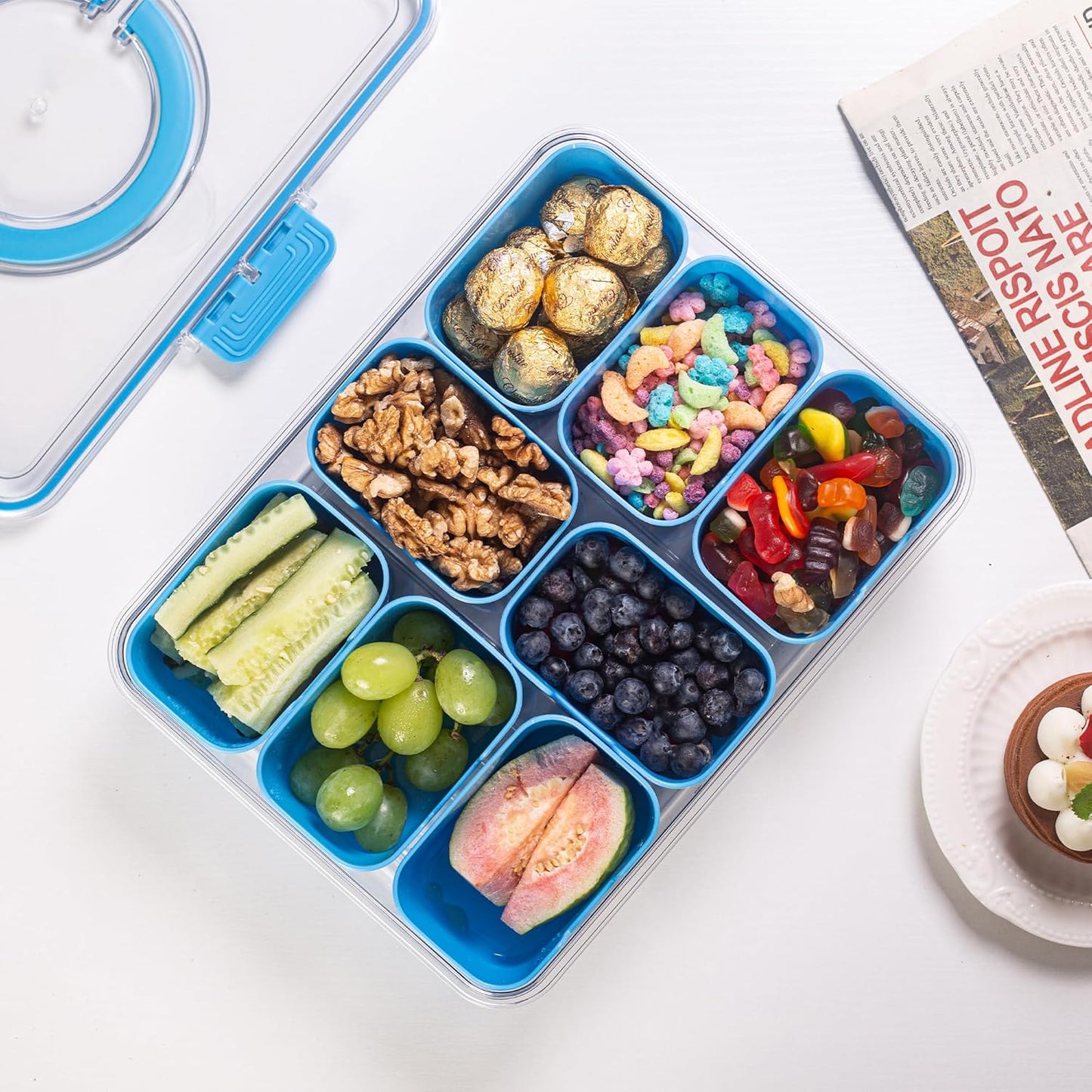 Divided Serving Tray with Lid and Handle - Snackle Box Charcuterie Container for Portable Snack Platters Organizer for Candy, Fruits, Nuts, Snacks - Perfect for Party, Entertaining, Cerulean