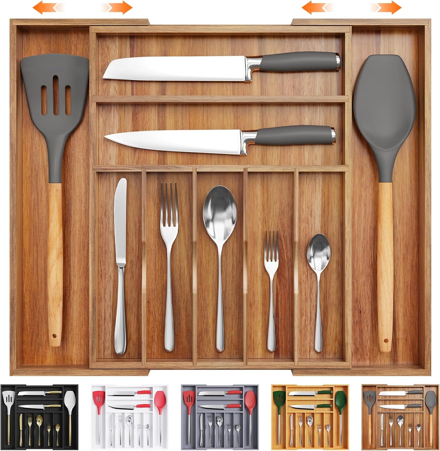 Bellsal Large Premium Acacia Wood Silverware Organizer - Expandable Utensil Drawer Organizer - 17"x19.6" Utensil Holder and Cutlery Tray with Grooved for Kitchen Flatware Utensils(7-9 Slot, Acacia)
