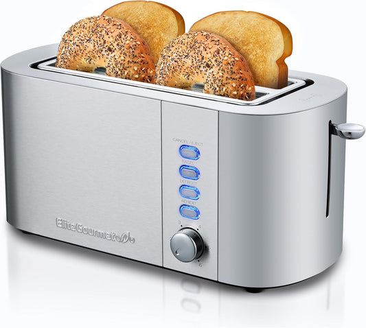 Elite Gourmet ECT4123X Long Slot 4 Slice Toaster, Extra Wide 1.5" and 5.1" Deep Slots, Bagel, Defrost & Cancel Functions, 6 Toast Shade Settings, Fits Bagels, Waffles, Artisan Breads, Stainless Steel