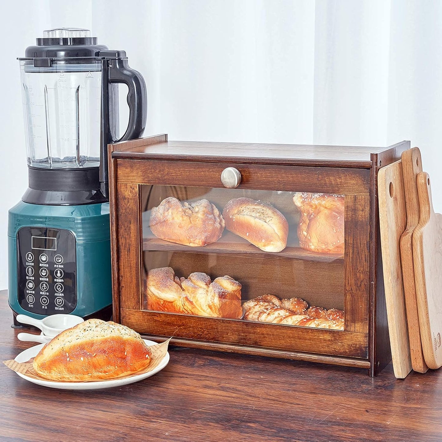 Bamboo Wooden Bread Box for Kitchen Countertop, Storage Box with Transparent Window, 2-Layer Large Capacity, Kitchen Bread Holder, Self Assembly