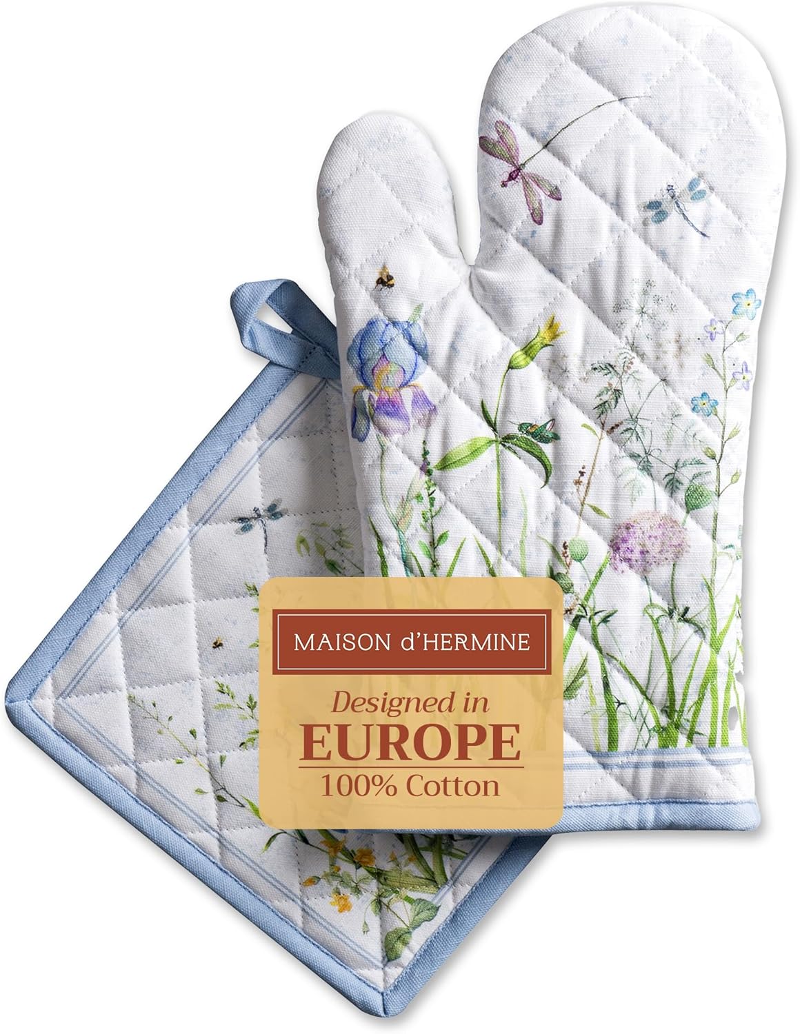 Maison d' Hermine 100% Cotton Oven Mitt & Pot Holder Set (7.5"x13" & 8"x8") Heat Resistant BBQ Cooking Gloves with Loop, Baking, Grilling, Kitchen, Handling Hot Pans Spring/Summer (Fleurs De Mai)