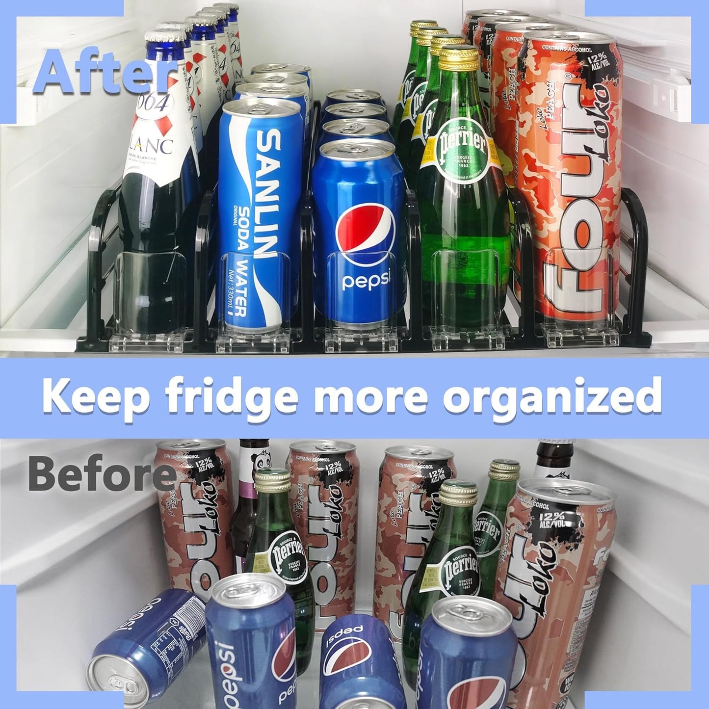 Drink Organizer for Fridge, Soda Can Organizer for Fridge, Self-Pushing Glide Drink Dispenser for Refrigerator-Holds up to 25 Cans Black (5 Rows)