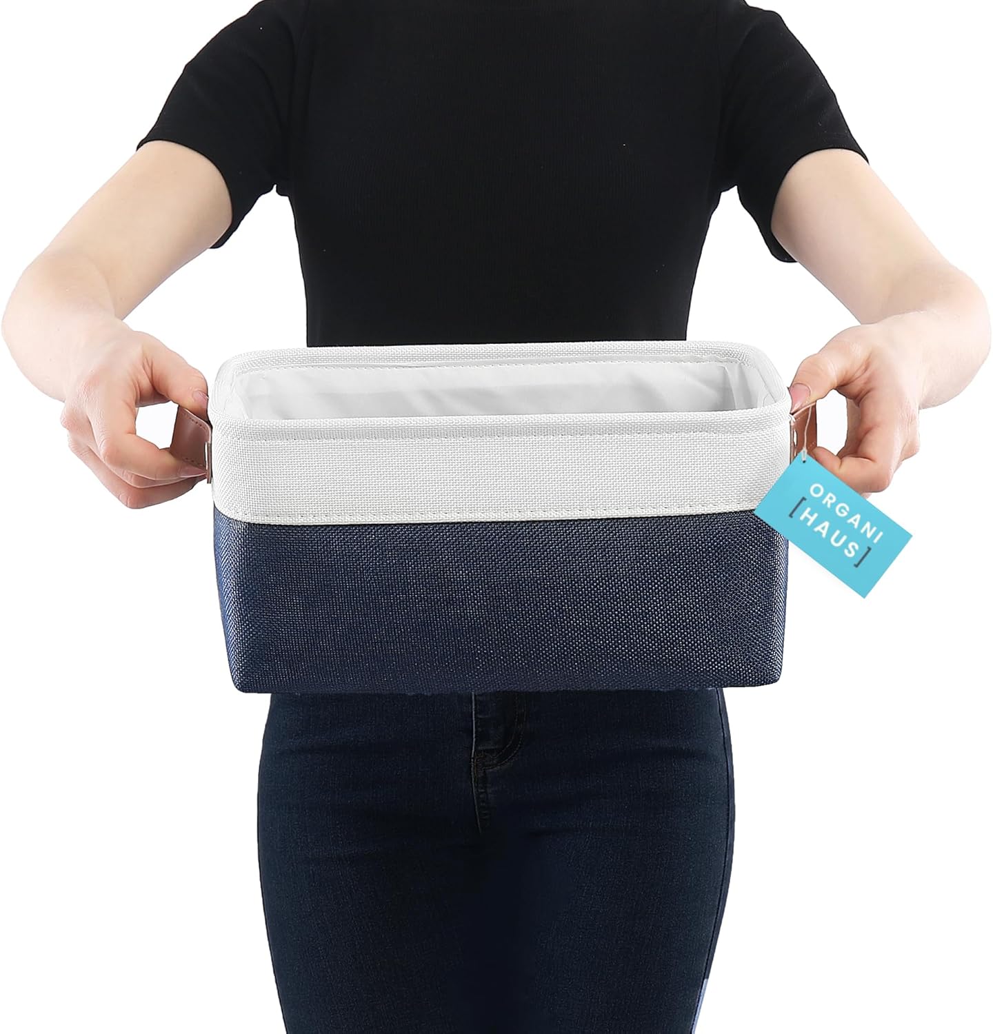 OrganiHaus Small Fabric Storage Baskets for Shelves 6 Pack, 12x8in Closet Storage Bins for Shelves, Cloth Baskets for Organizing, Linen Closet Organizers, Fabric Basket, Navy Blue/White