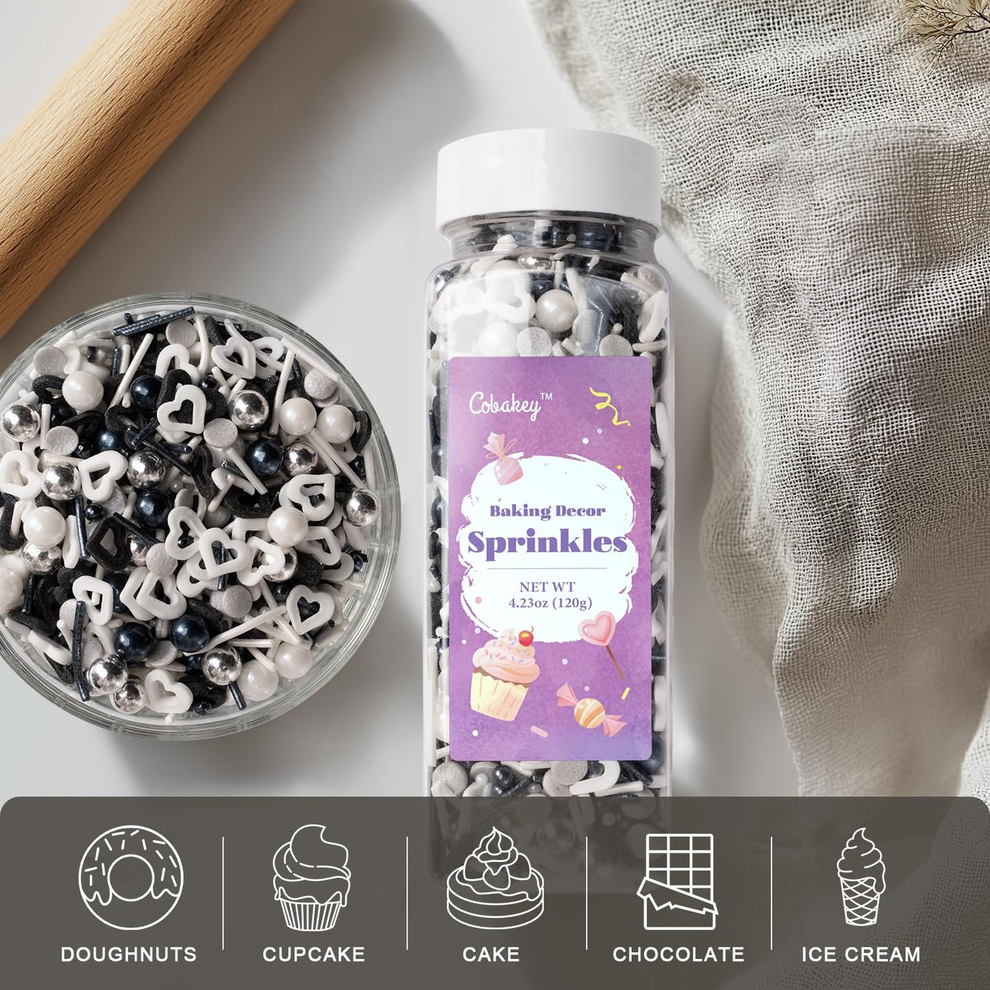 Black and White Heart Sprinkles for Cake Decorating 4.23ounce - Sugar Mix Contains Heart & Silver Pearl Sprinkles for Cupcake Toppers, Ice Cream, Candy, Cookie Decorations - Holiday Party Supplies