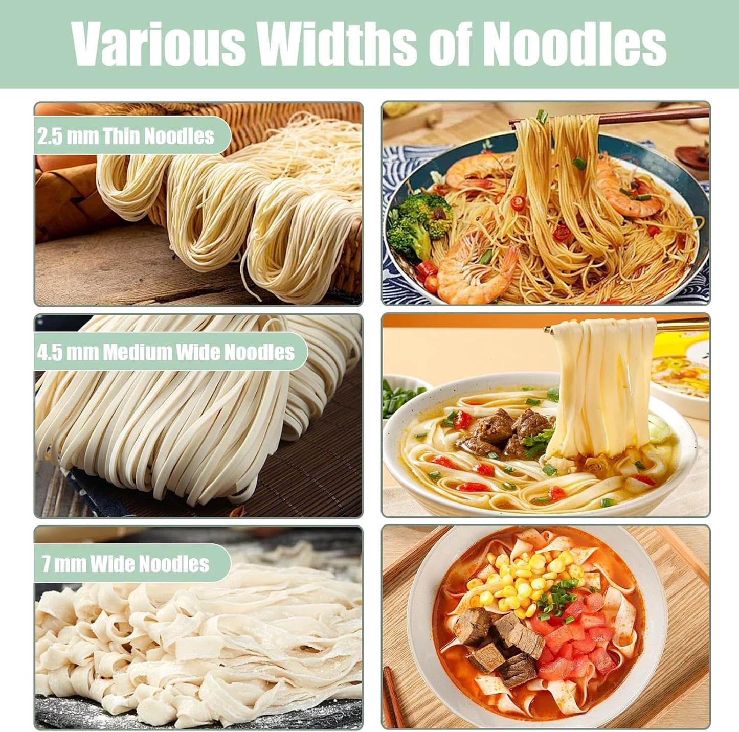 Pasta Maker Machine-6 Adjustable Thickness Settings, Adjustable Clamp, stainless steel Construction for Spaghetti, Fettuccini, Lasagna, Dumpling Skins (Green pasta maker)