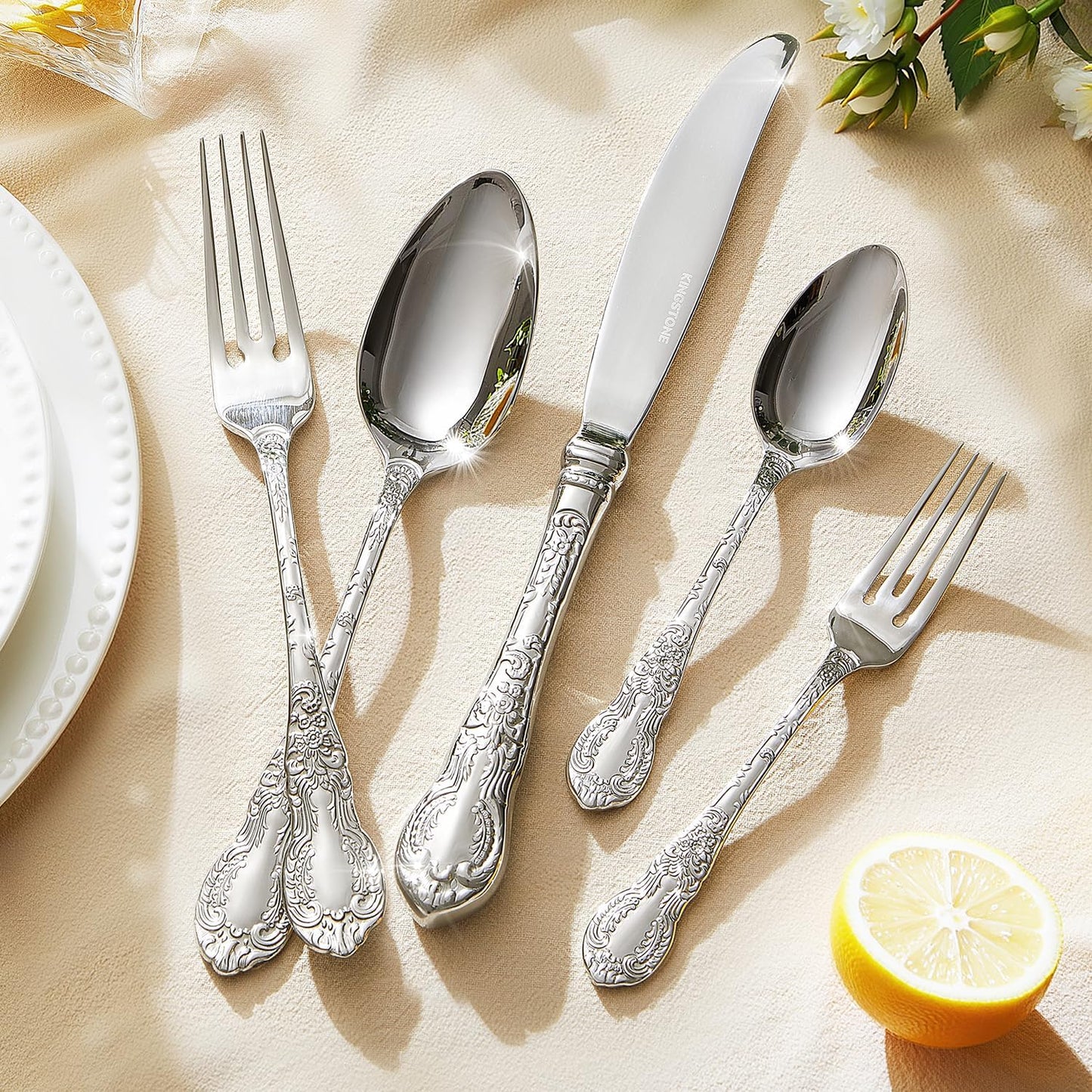 KINGSTONE Vintage Carved Silverware Set, 10-Piece 18/10 Stainless Steel Flatware Cutlery Set with Retro Royal Thick Handle, Tableware Utensils for Home, Restaurant, party, Wedding, Dishwasher Safe