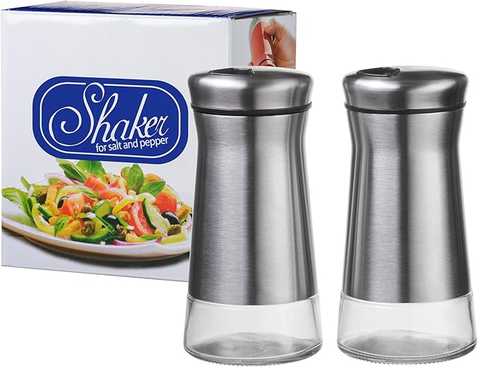 Salt and Pepper Shakers Set with Adjustable Pour Holes by CHEFVANTAGE - Stainless Steel