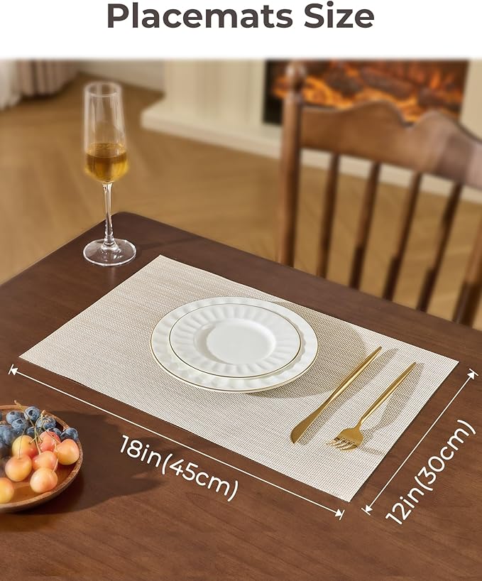 Leetaltree Beige White Placemats Set of 6 - Heat Resistant Non-Slip Place mats for Dining Table, Washable Durable PVC Vinyl Woven Table Mats（Beige White, 6）