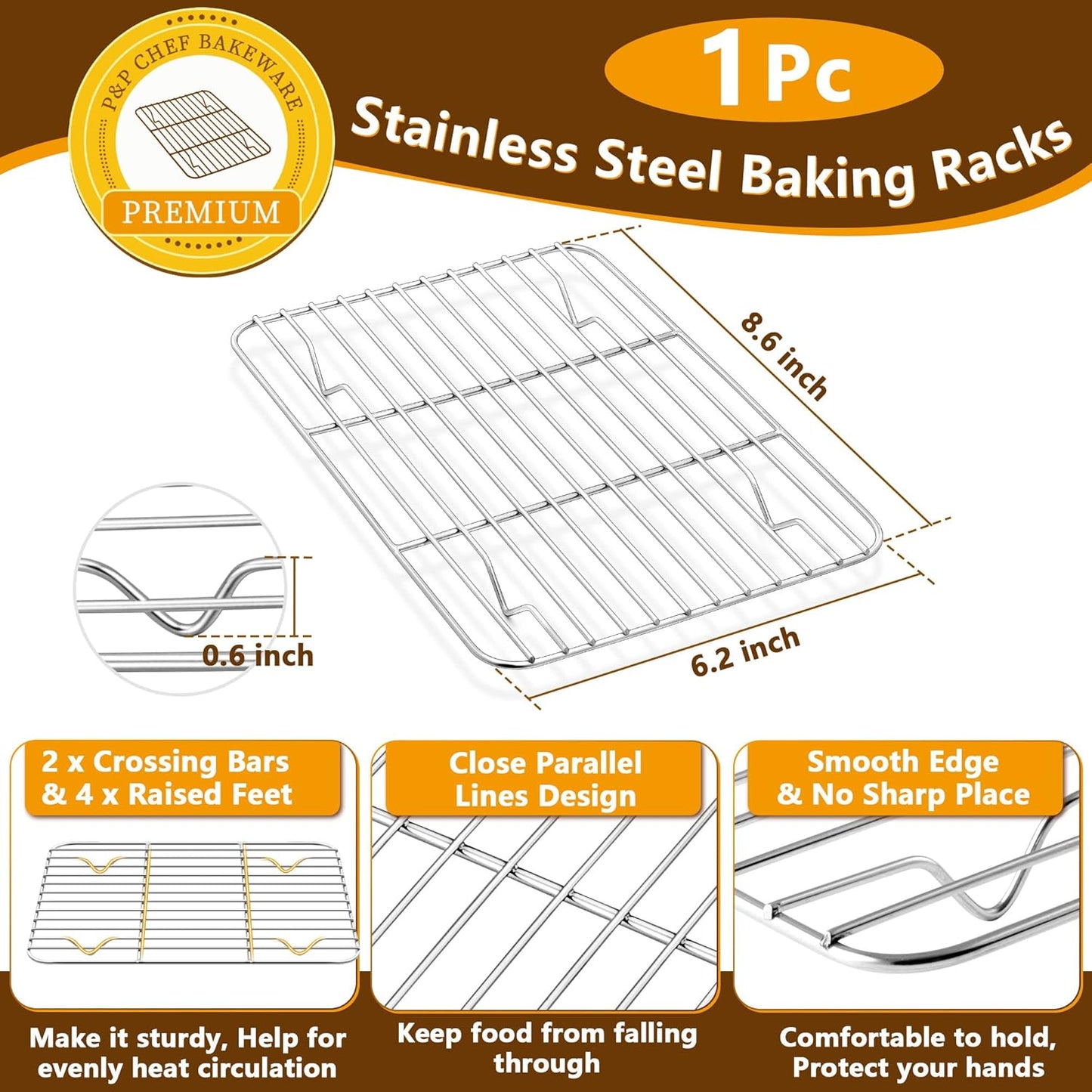 P&P CHEF 9 Inch Baking Sheet Pan with Rack Set, Stainless Steel Cookie Sheet Pan Tray with Cooling Rack for Oven Use, Cooking Roasting, Non Toxic & Dishwasher Safe, Heavy Duty