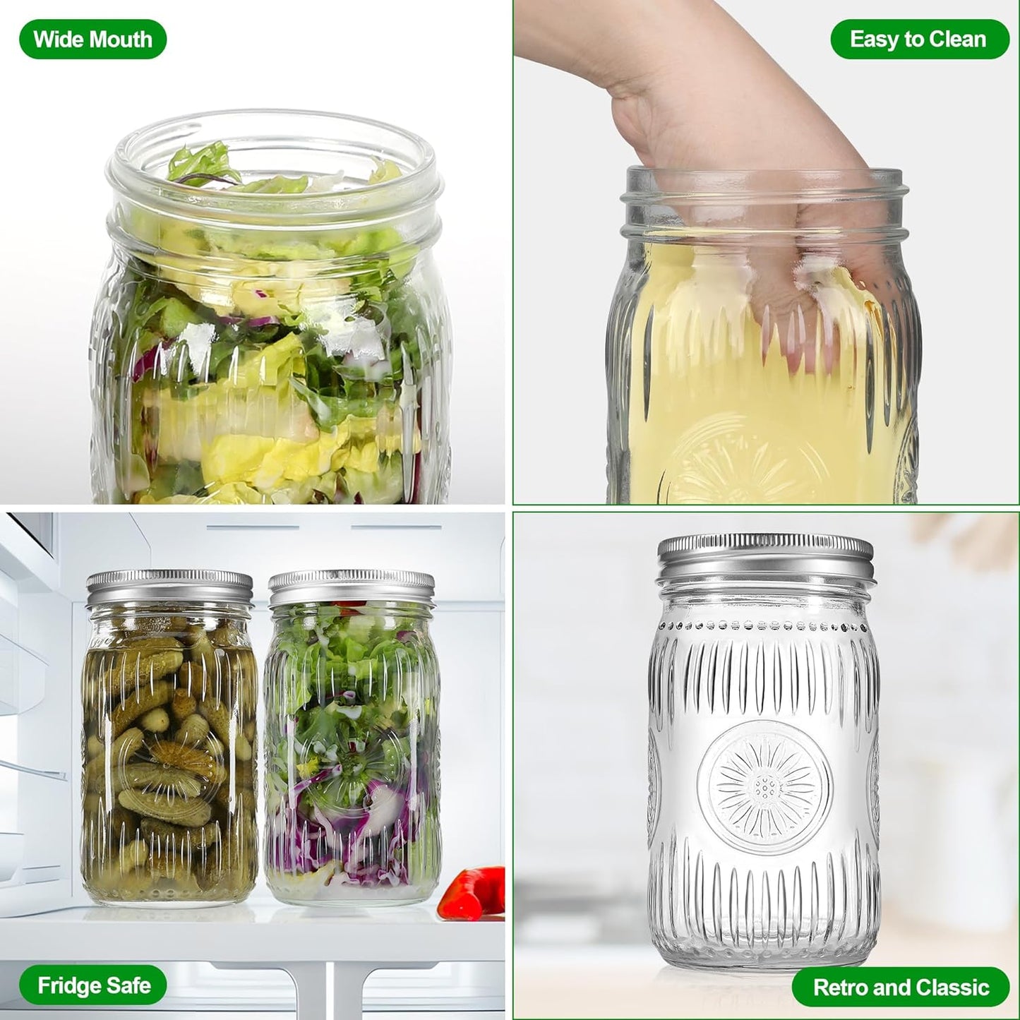 4 Pack 32 oz Wide Mouth Mason Jars with Airtight Lids - Glass Canning Jars for Food Preservation, Storage, Pickling, Crafts & DIY Projects, Durable Quart Glass Jars Dishwasher Safe