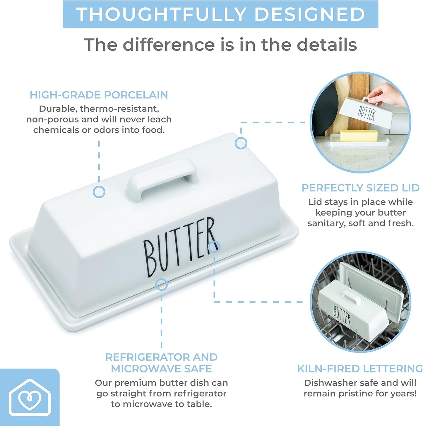 Heartland Home Porcelain Covered Butter Dish with Lid for Countertop (Lid with Handle). 7.6" x 3.8" Butter Holder Container for One Stick of Butter. Textured Tray Butter Keeper for Non Slip Storage