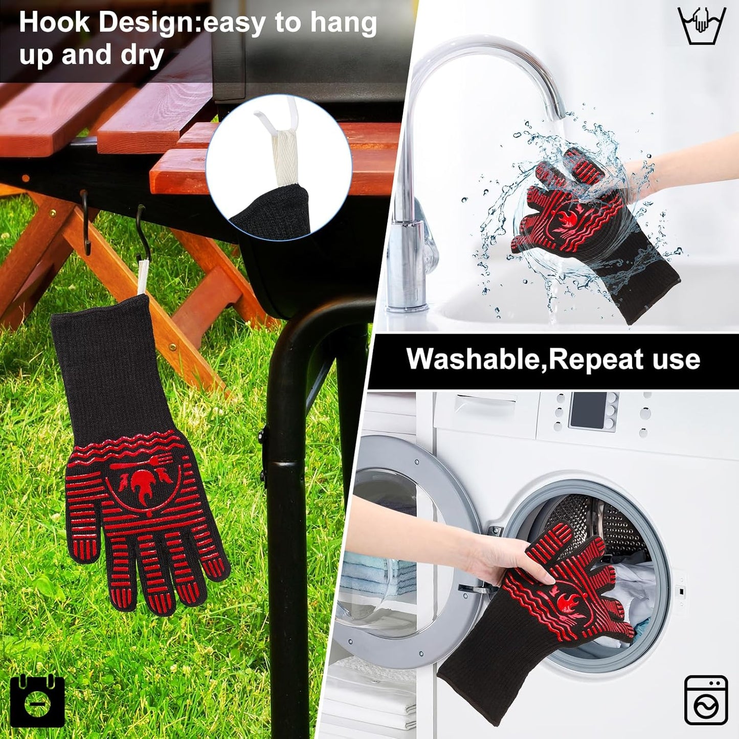 BBQ Gloves, 1472°F Extreme Heat Resistant Grill Gloves, Non-Slip Food Grade Silicone Oven Mitts Gloves for Kitchen, Cooking, Barbecue, Baking, Smoker Red(14inch)