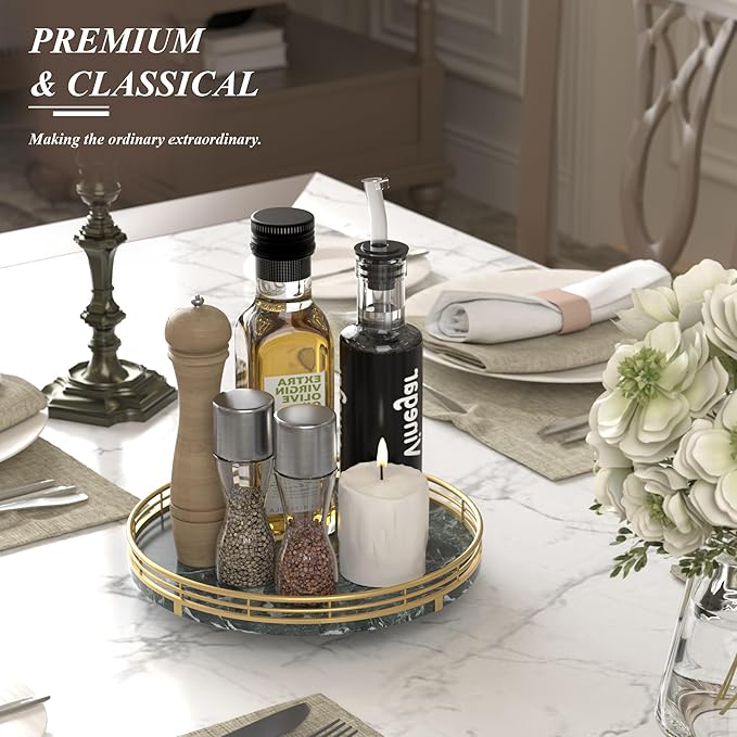 Green Marble Lazy Susan Turntable for Table Top – 10” Round Marble Tray Organizer for Dining Table, Kitchen Countertop & Bar, Luxury Stone Serving Tray with Gold Frame