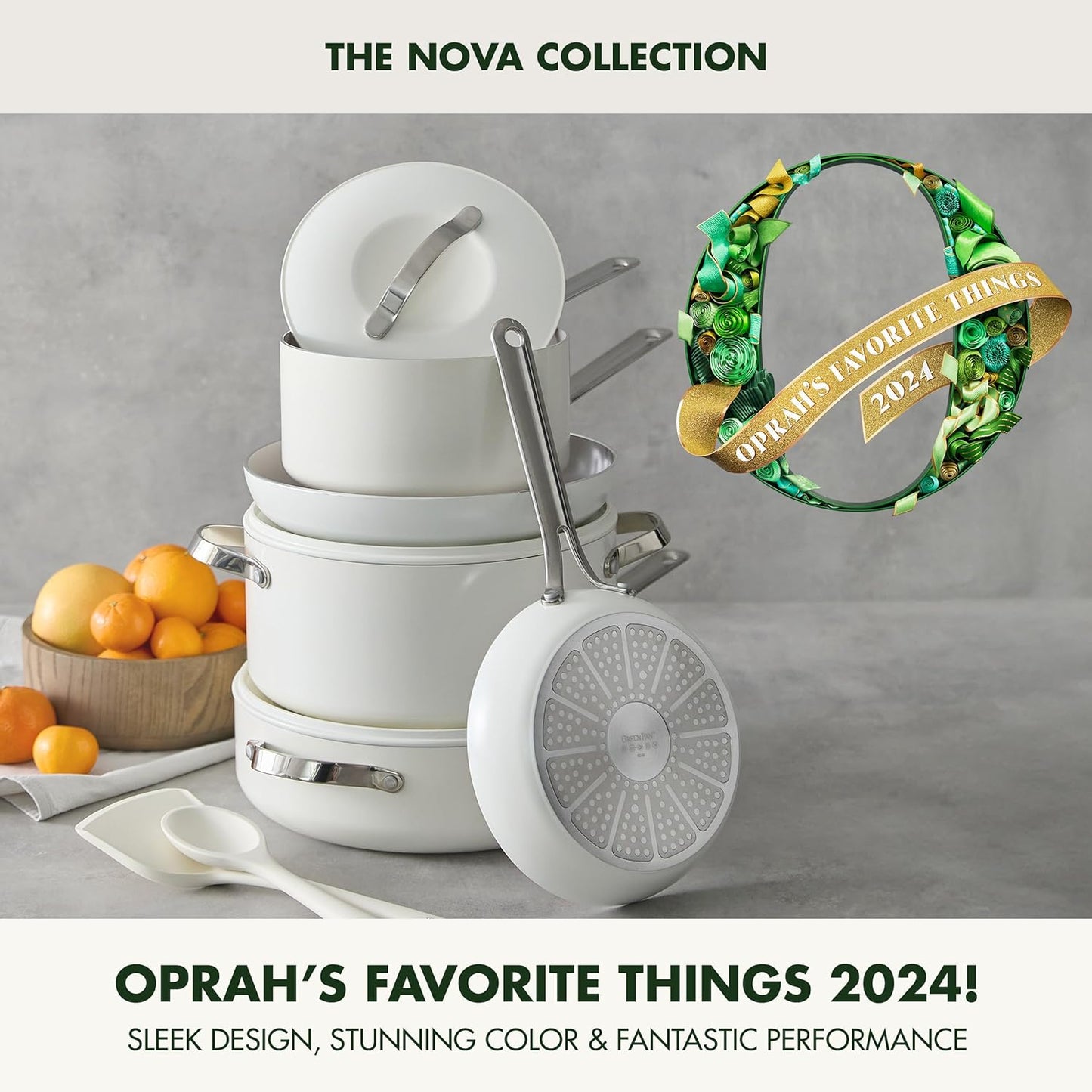 GreenPan Nova 10-Piece Cookware Pots & Pans Set, Oprah’s Favorite Things 2024, PFAS-Free Ceramic Nonstick, Fry, Sauté, Stockpot, Utensils, Lids, Induction Suitable, Dishwasher & Oven Safe, Cream White