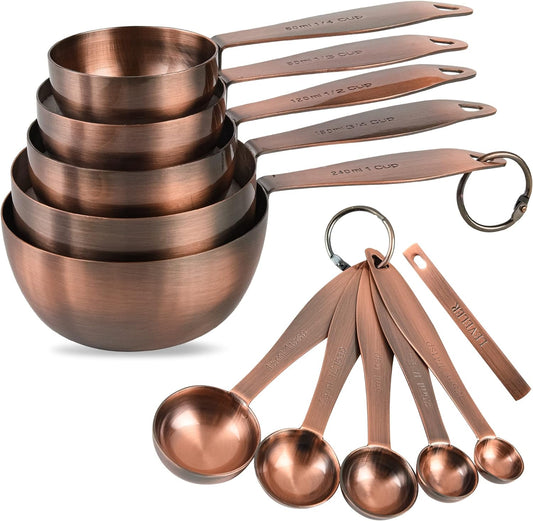 Copper measuring cups and spoons set,Includes 5 Copper Measuring Cups and 5 Measuring Spoons and Measure Ingredient Leveler and Rings（copper）