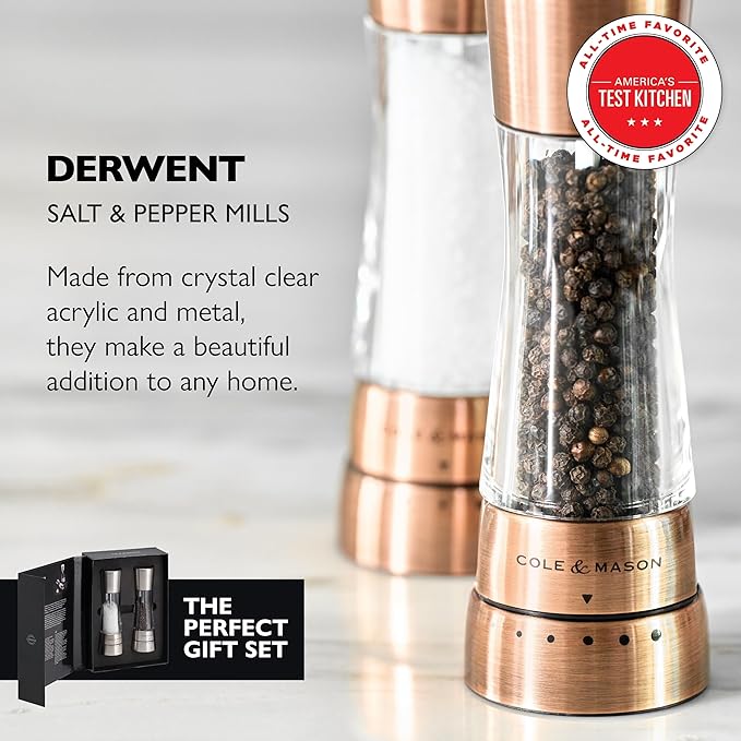 Cole & Mason Derwent Salt and Pepper Grinder Set - Refillable Salt & Pepper Grinder Set with Gourmet Precision Mechanisms - Kitchen Accessories for Cooking - Gift Set, Copper