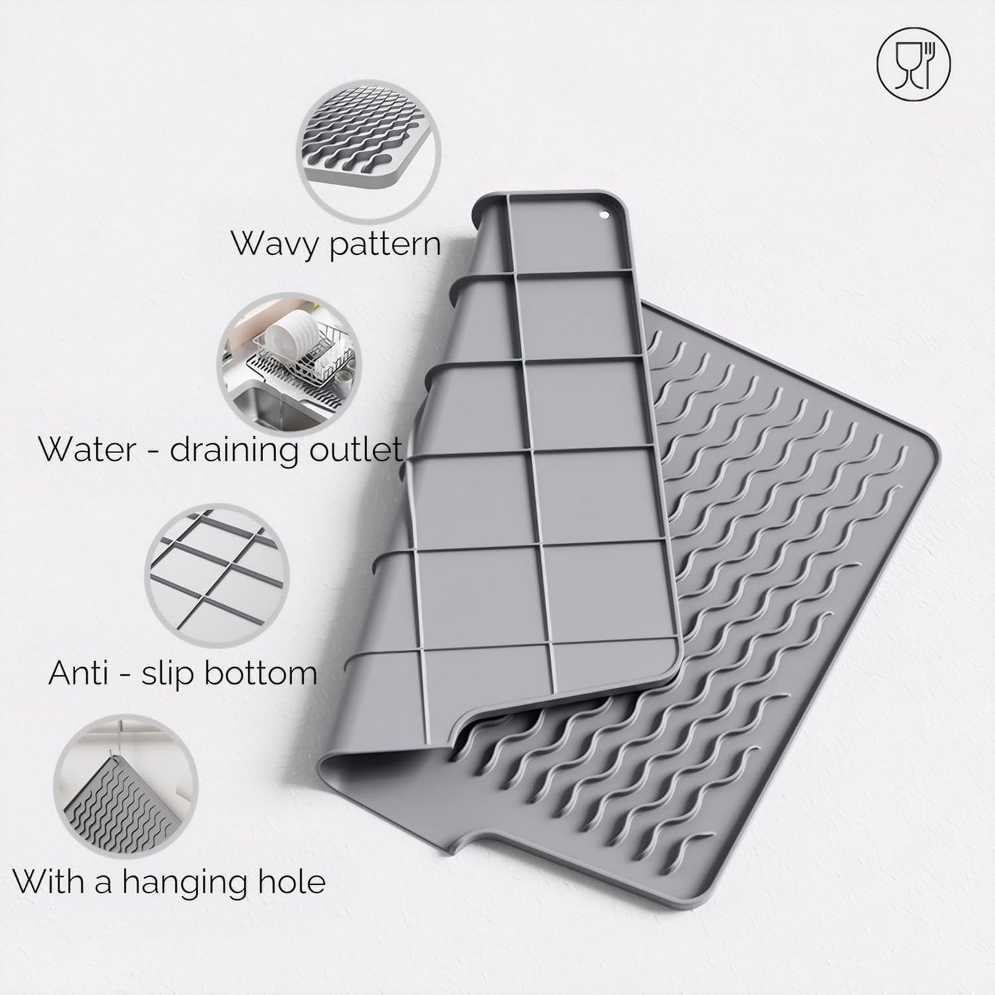 Silicone Dish Drying Mat for kitchen Countertop, Heat Resistant Mats, Dish Drainers for Kitchen counter, Hot Pot Holders, Dish Drying Rack with Built in Drain,(Gray, 15.6"x13")