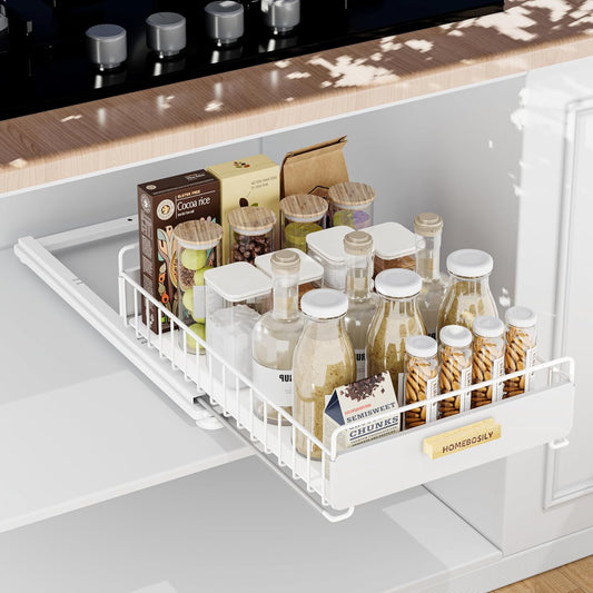 Under Sink Organizer, Kitchen Pull Out Cabinet Organizer, Mute Slide Out Metal Under Sink Organizers and Storage Shelves for Kitchen Bathroom Laundry Cabinet Pantry, White