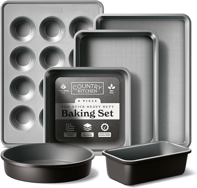 Country Kitchen Nonstick Stackable Bakeware Set - Durable, Easy Release Baking Set, Black, 6 Pcs