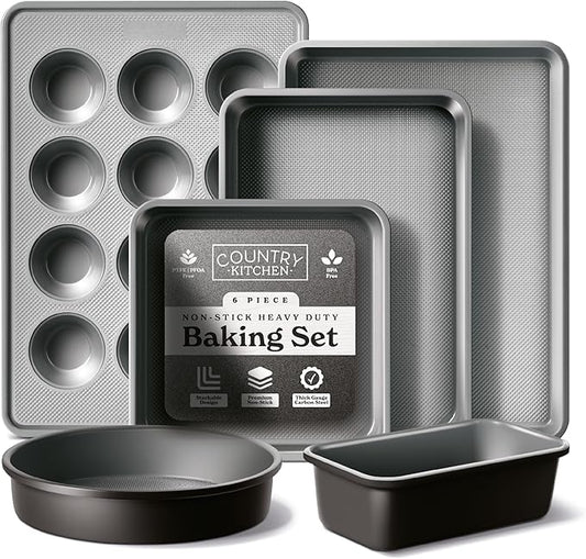 Country Kitchen Nonstick Stackable Bakeware Set - Durable, Easy Release Baking Set, Black, 6 Pcs
