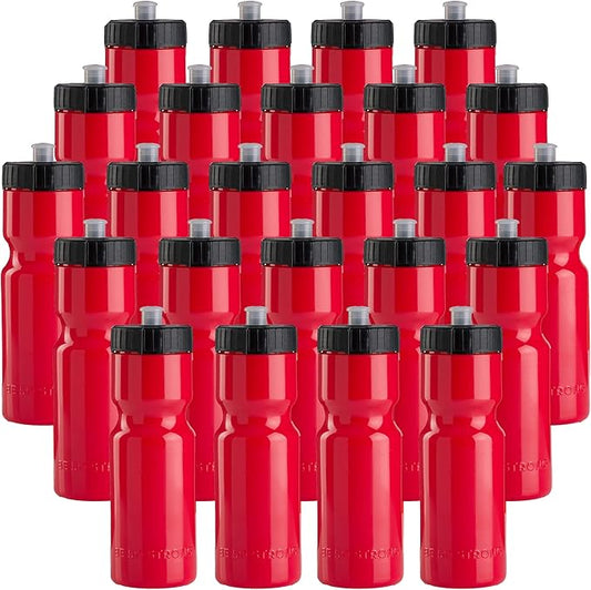 50 Strong Bulk Water Bottles | 24 Pack Sports Bottle | 22 oz. BPA-Free Easy Open with Pull Top Cap | Made in USA | Reusable Plastic Water Bottles for Adults & Kids | Top Rack Dishwasher Safe