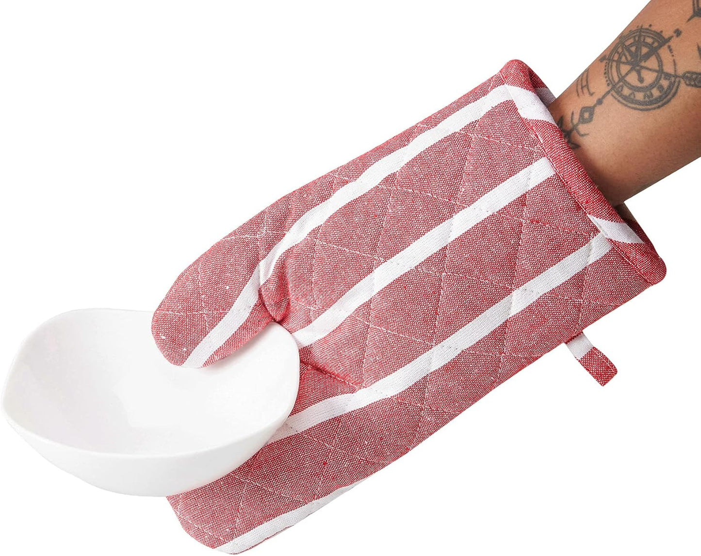 Encasa XO Long 12"x7" Oven Microwave Hand Gloves Mitts (2 pc Set) for Kitchen Cooking & Baking - Heat Resistant, Thick & Safe, Protection of Hands from Hot Utensils - Roma Red Stripes