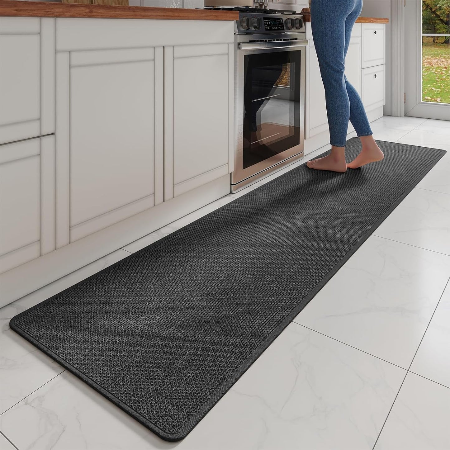 Kitchen Mats for Floor, Super Absorbent Kitchen Rugs Non Slip Washable, Soft Imitation Linen Braided Kitchen Runner Rug, Standing Mat Kitchens Sink Mat, Easy to Clean, Black 17x95