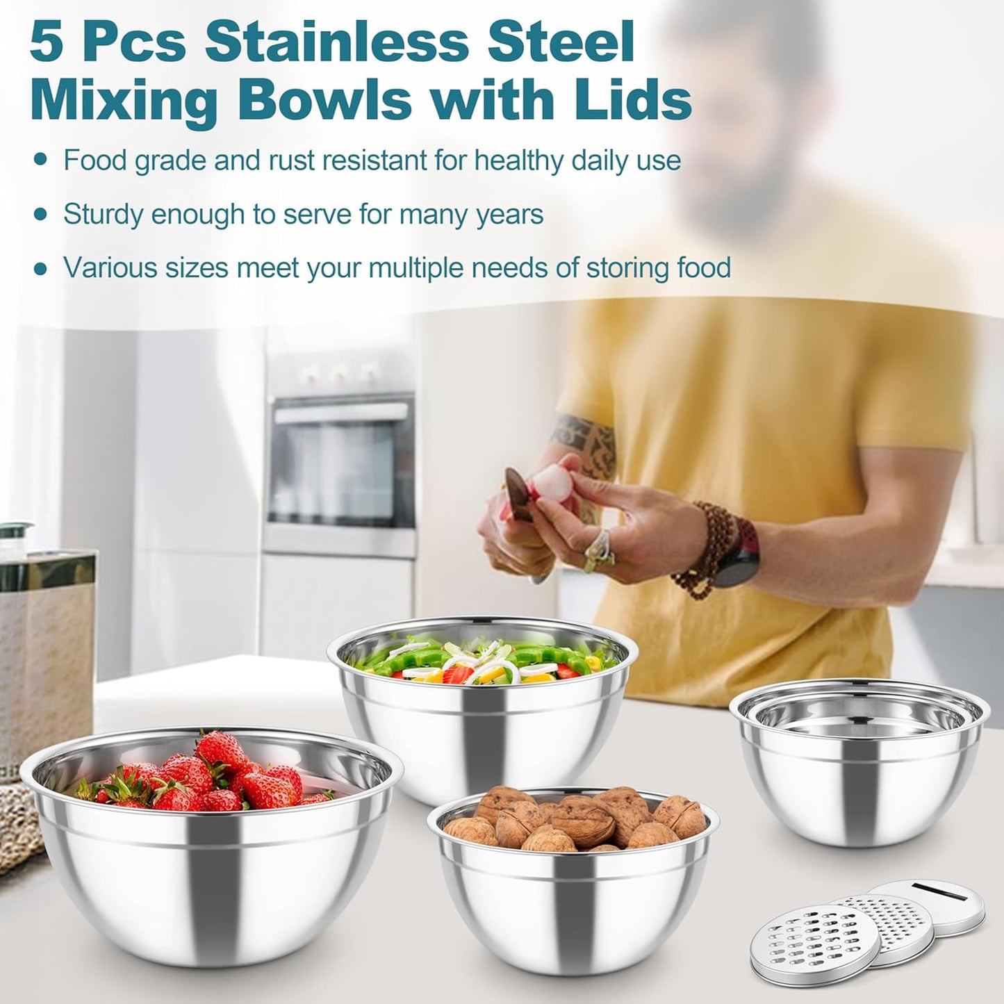 TeamFar Mixing Bowls, Stainless Steel Salad Serving Bowl with Clear Lids & 3 Graters, For Kitchen Cooking Prepping Storing, Size 4.6/2.6/1.5/1/0.7 QT, Nesting & Airtight, Set of 5 & Blue