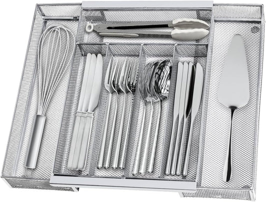 Silverware Organizer Metal Mesh, Drawer Organizer, Utensil Cutlery Tray Expandable Flatware Organizer with 7 Compartment Silver 9.4"~17.3" x 13.7"