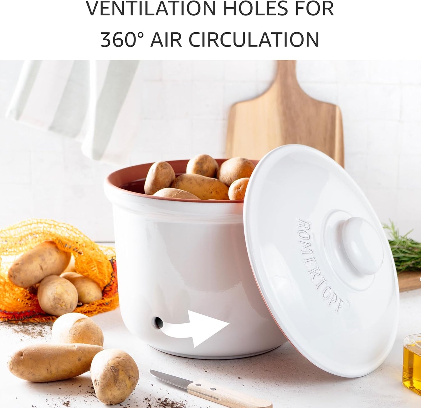 Romertopf Freshness Storage Potato Onion Garlic Clay Pot Set of 3 with Lids - White