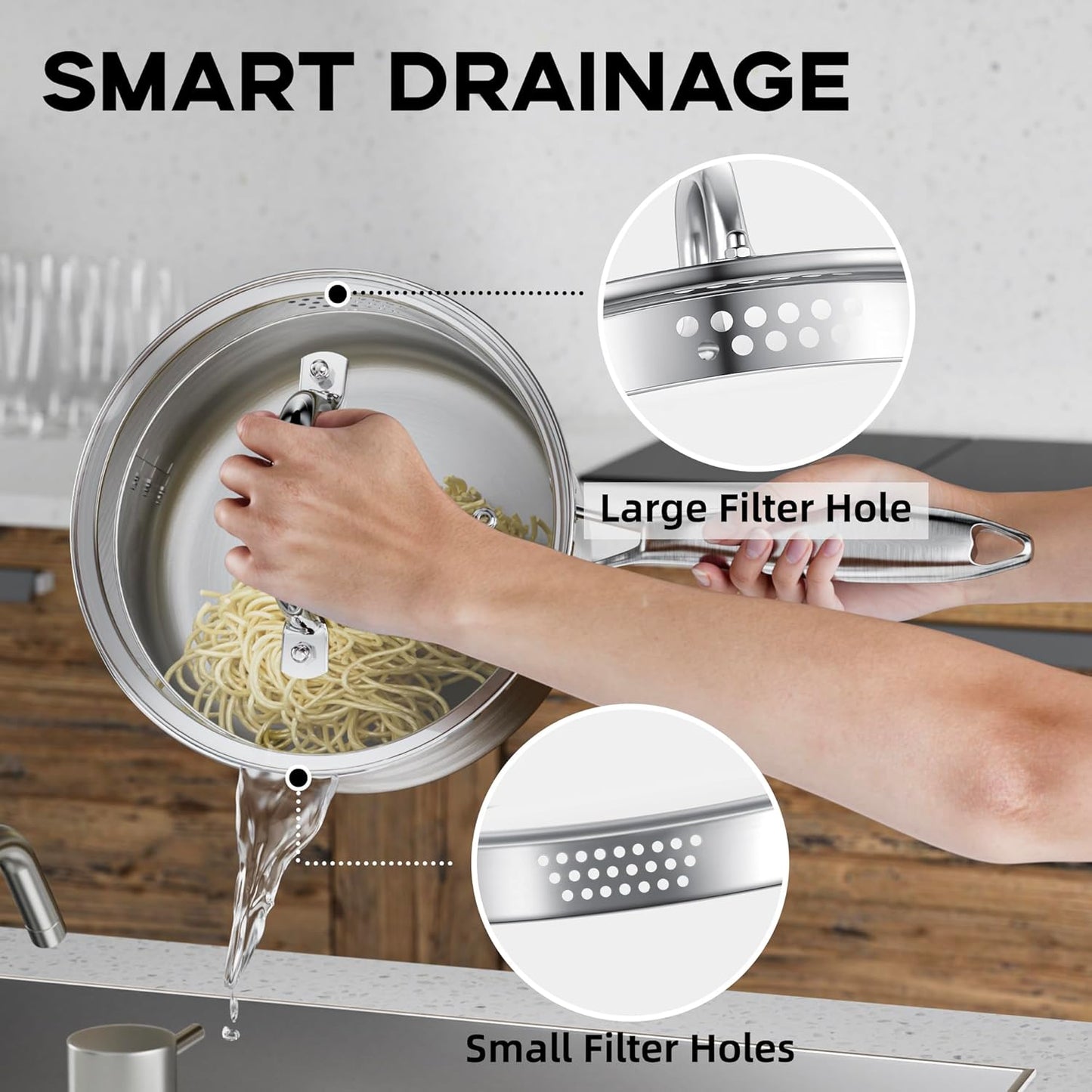 Leetaltree 3.5 Quart Stainless Steel Saucepan with Steamer Basket, Tri-ply Construction, Versatile Sauce Pan with Double-sized Drainage Lid - Perfect for Cooking Gravies, Pasta, Vegetable and More