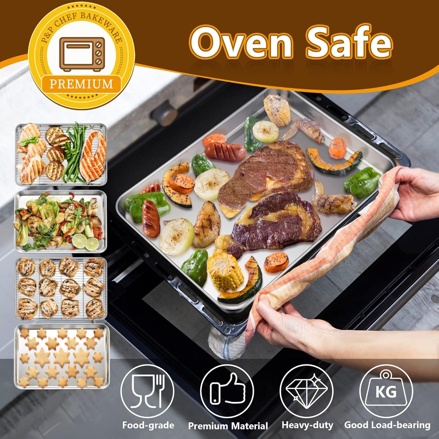 P&P CHEF 16 Inch Baking Sheet Pan with Rack Set, Stainless Steel Cookie Sheet Pan Tray with Cooling Rack for Oven Use, Cooking Roasting, Non Toxic & Dishwasher Safe, Heavy Duty