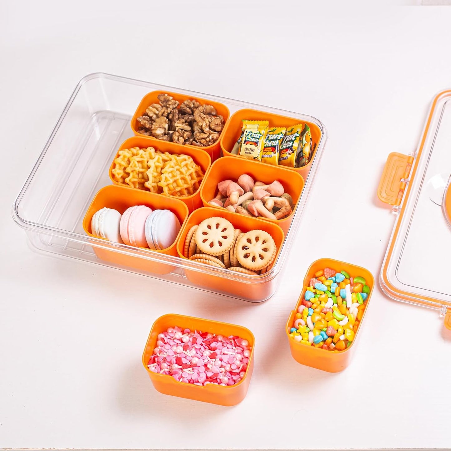 Divided Serving Tray with Lid and Handle - Snackle Box Charcuterie Container for Portable Snack Platters Organizer for Candy, Fruits, Nuts, Snacks - Perfect for Party, Entertaining, Orange