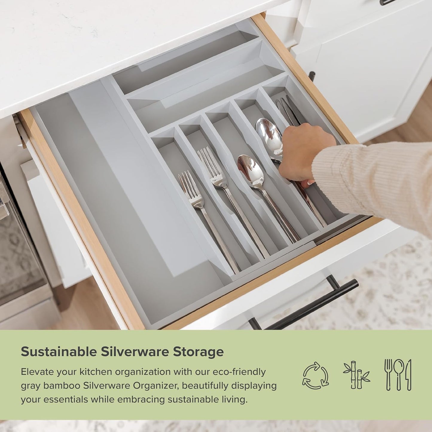 Premium Silverware, Flatware and Utensil Organizer for Kitchen Drawers, Food-Safe Contract Grade, Expandable from 10.5 to 19 In, Gray Bamboo