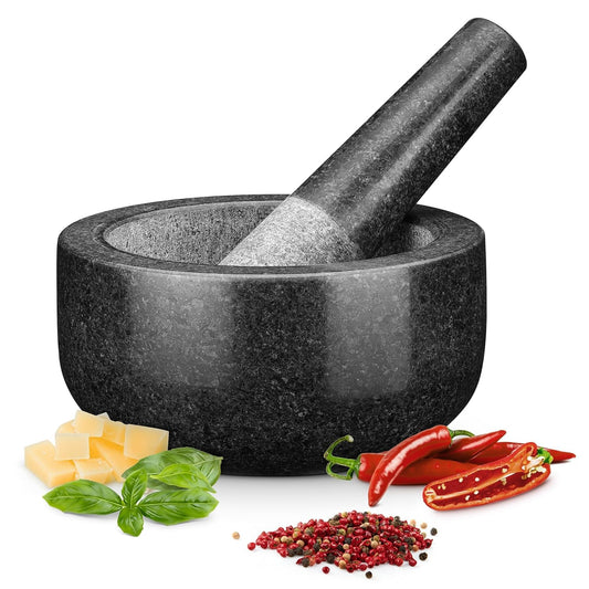 H&S Mortar and Pestle Set - Large Premium Solid Granite Stone Grinder Set - 16cm (6.3") Diameter - for Crushing & Mashing Herbs & Spices - Black