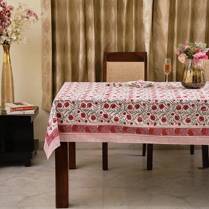 Ridhi -Sangria Red Cotton Tablecloth, Handblock Print Floral Table Cloth for Kitchen Dining Linen I Thanksgiving, Christmas, Wedding, Fall Décor 10 Seater 80x120 Inches Rectangle