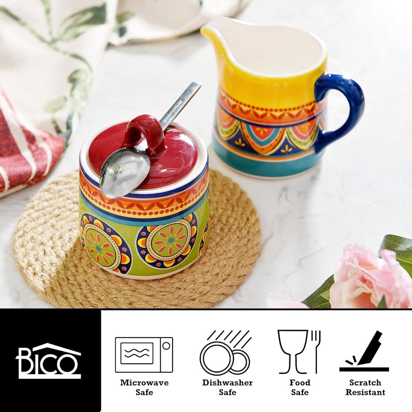 Bico Tunisian Ceramic Sugar and Creamer Set, Sugar Bowl with Lid, Cute Container for Coffee Bar, Kitchen Countertop Accessories, Microwave and Dishwasher Safe